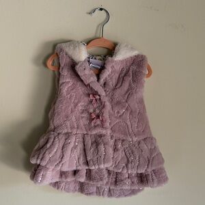 LITTLE LASS Pink Faux Fur Hooded Vest with Bow Accents